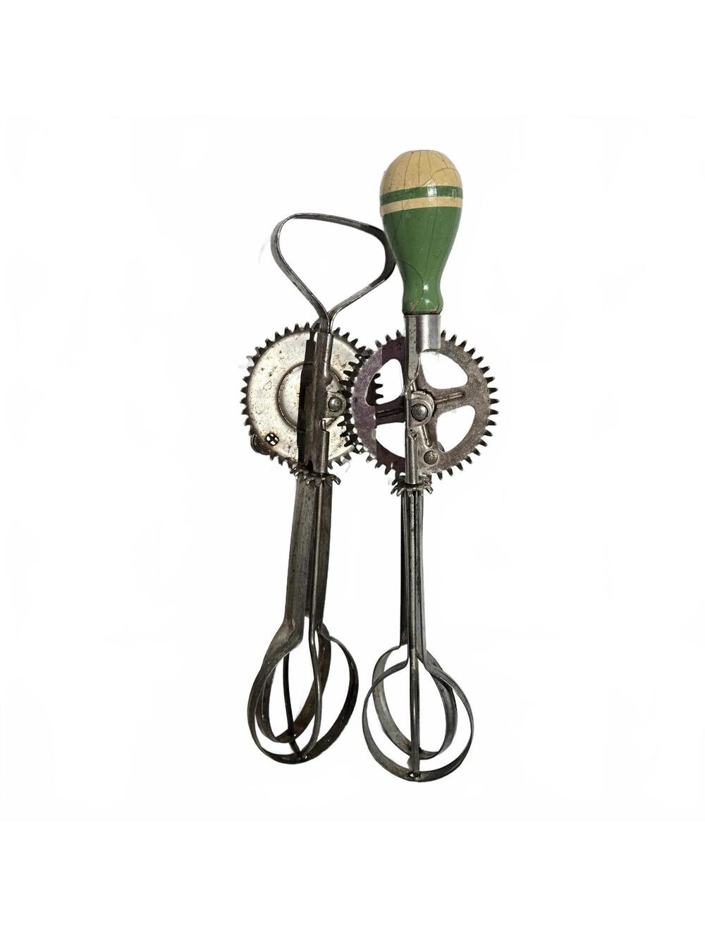Antique Hand Crank Rotary Egg Beaters / Lot of 2 / Green Wood Handle / AJ Metal